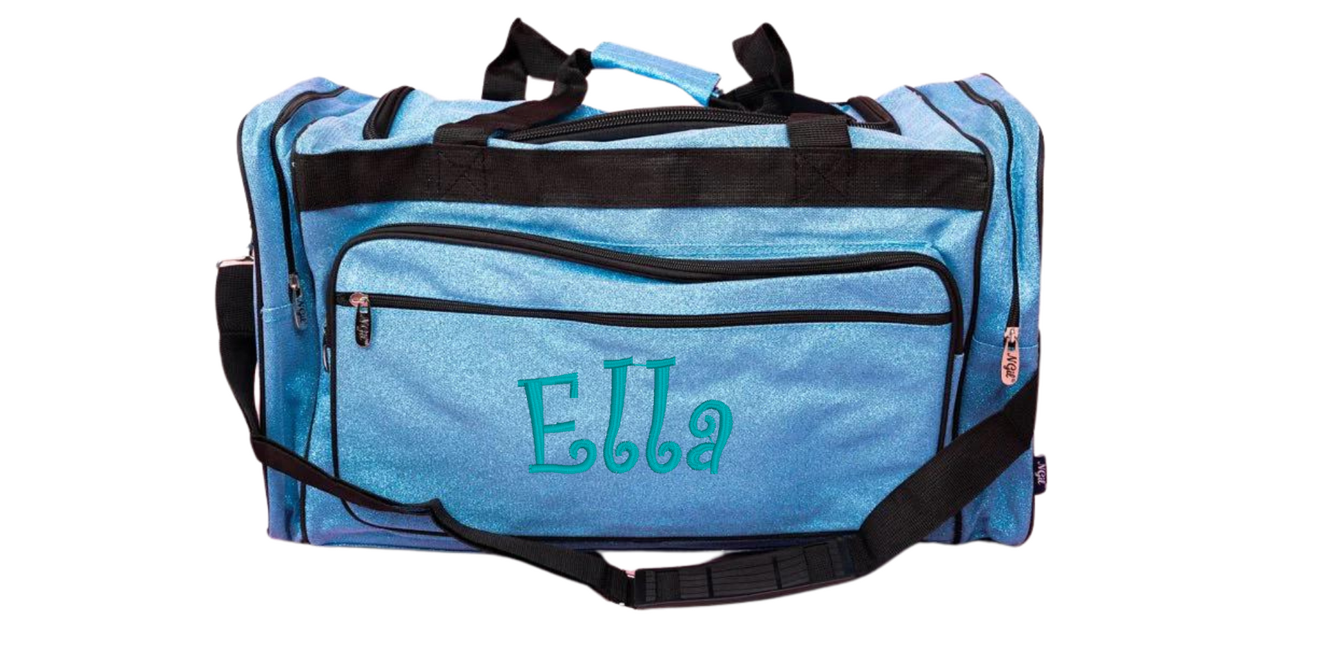 Personalized turquoise glitter duffle bag with custom name for travel, gym, and overnight trips.